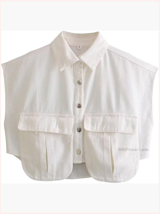 Tops - Cropped Button Down Sleeveless Denim Top with Pockets
